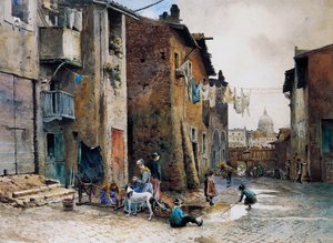 Casas medievais na Via della Lungaretta em Roma, por Ettore Roesler Franz (1845-1907), aguarela, Itália