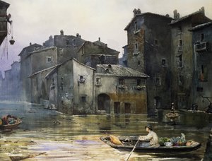 Via della Fiumara inundada em Roma, por Ettore Roesler Franz (1845-1907), aguarela, Itália