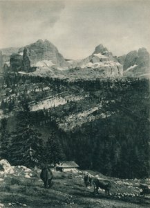 Vista do grupo Brenta com pastagem alpina, Madonna di Campiglio, Dolomitas, Itália, 1927