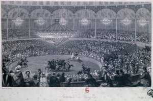 Espectáculo de cavalos no circo Franconi, Champs Elysees, Paris, Eugene Louis Lami (1800-1890), gravado por Charles Mottram (1807-1876) retirado do Verão e Inverno em Paris de Eugene Louis Lami