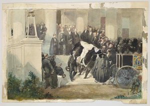 O CAIXÃO DO REI LOUIS PHILIPPE DEIXANDO A CASA DE CLAREMONT EM ESHER, SURREY, INGLATERRA EM AGOSTO DE 1850 de Eugene Louis Lami
