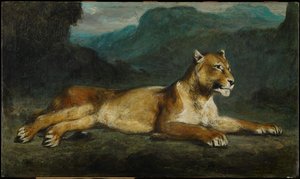 Lioness reclinável, c.1855 (óleo sobre painel) de Eugene  Delacroix