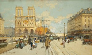 Figuras em uma ensolarada rua parisiense, Notre Dame à esquerda