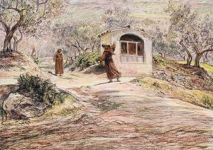 São Francisco faz Frei Masseo dar muitas voltas para encontrar o caminho que deve seguir (litografia a cores)