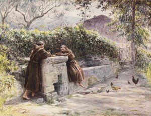 O repasto de São Francisco e Frei Masseo na fonte, São Francisco elogia a pobreza (litografia a cores)