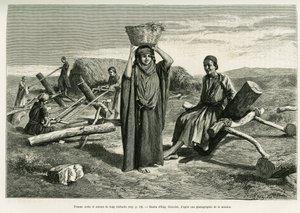 Mulher árabe e serradores de dez longos foulis. Gravura de Eugene Girardet, para ilustrar a história A Suse de Eugene Alexis Girardet