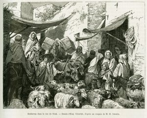 Envergonhada em Teboursouk Souk Street. Gravura de Eugene Girardet, para ilustrar a história Voyage en Tunisie, de R. Cagnat e H. Saladin, acusações de uma missão arqueológica do Ministério da Educação Pública, no tour du monde 1888, sob a direcção