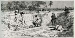 Escavações no cemitério cristão de Lamta, com as duas acusações de missão. Gravura de Eug.Girardet, para ilustrar a história “A Jornada à Tunísia”, de Rene Cagnat