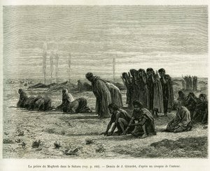 A oração do Moghreb no Saara. Gravado por J.Girardet, para ilustrar a história Cinq mois chez les moures nomades du Sahara occidental, em 1887, por Camille Douls, em le tour du monde 1888, sob a direcção de Edouard Charton (1807-1890), Hachette, Pa de Eugene Alexis Girardet