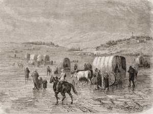 Um trem de vagões rumo ao oeste na década de 1860, gravado por Stephane Pannemaker (1847-1930)