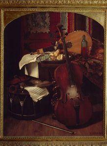 Natureza morta com instrumentos musicais. Pintura por Eugene Appert (1814 - 1867)