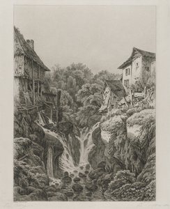 O moinho e a cachoeira de Grésy, perto de Aix-les-Bains, 1856. de Eugene Bléry