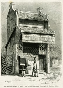 Uma casa Monkay. Gravura de Eugene Burnand, para ilustrar a história Sur les frontières du Tonkin, do Doutor P.Neiss, no tour du monde 1888, dirigido por Edouard Charton (1807-1890), Hachette, Paris. de Eugene Burnand