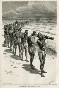 Coluna de portadores através dos arrozais, entre Bassac e Hue, gravada após um desenho de Eugene Burnand, para ilustrar a história sobre o Laos e as populações selvagens da Indochina, pelo Dr. Harmand, em 1877, publicada no tour du monde, sob o título dire de Eugene Burnand
