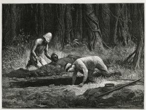 Dr. Harmand e seu ajudante Annamite, realizando exumações clandestinas de enterros Khas, em Attopeu (Laos), gravada por Eugene Burnand, para ilustrar a história do Laos e das populações selvagens da Indochina pelo Dr. Harmand, em 1877, publicada no tour du de Eugene Burnand