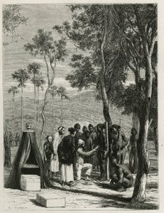 Dr. Harmand procede a medições antropológicas sobre os indígenas Khas, um Attopeu (Laos), gravado por Eugene Burnand, para ilustrar a história do Laos e as populações selvagens da Indochina pelo Dr. Harmand, em 1877, publicado no tour du monde, sob de Eugene Burnand