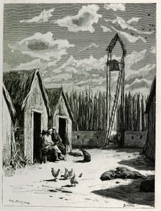 Praça Missionária em Meuong Ngan. Gravura de Eugene Burnand, para ilustrar a história "Jornada no Alto Laos", em 1880, pelo Dr. P.Neis. Publicado em Le Tour du monde, nouveau journal des voyages, 2º semestre de 1885, editado por Edouard Charton (1807-1890) de Eugene Burnand