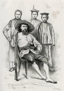 Retrato do autor, rodeia os seus companheiros de viagem. Gravura de Eugene Burnand, para ilustrar a história "Journey in Upper Laos", de 1880, do Dr. P.Neis. Publicado em Le Tour du monde, nouveau journal des voyages, 2º semestre de 1885, editado por Edou de Eugene Burnand