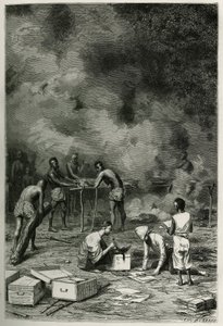 A secagem das plantas de herbário, em grandes argilas de bambu, antes que o médico as classifique e as armazene nas suas caixas, gravada por Eugene Burnand, para ilustrar a história do Laos e das populações selvagens da Indochina pelo Doutor Harmand, em 18 de Eugene Burnand