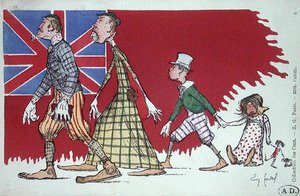 Cartão postal com uma caricatura de uma família britânica