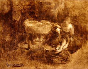 Mulher a dactilografar atacadores de sapatos de criança (óleo sobre tela) de Eugène Carrière