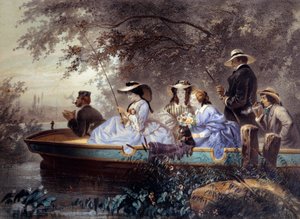 Um domingo com a família, pesca no rio Litográfico por Eugene Guerard (1821-1866) Paris do século XIX, Musee Carnavalet