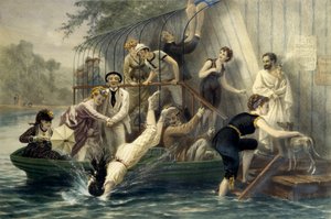 Ah! A bela cabeça, um domingo junto à água. Mulher a mergulhar em fato de banho na água no século XIX sob o riso de marinheiros divertidos. Uma mulher em um barco se protege de arranhões com seu guarda-chuva. Gravura de Eugene Guerard (1821-1866). Pr