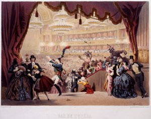O Baile de Máscaras da Opera de la Rue Le Peletier em Paris Este baile foi chamado Grand Veglione. Litografia de Eugene von Guerard (1811-1901) Paris do século XIX, Musee Carnavalet