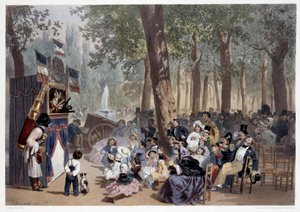 O show dos guignols nos Campos Elísios em Paris, no século XIX. Gravuras de Eugene Guerard (1821-1866) Paris do século XIX, Musee Carnavalet