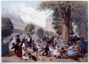 Vista do beco dos foliants aux Tuileries em Paris Crianças, creches e caminhantes. Gravuras de Eugene Guerard (1821-1866) 1856 Paris, Musee Carnavalet