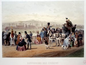 Vista do hipódromo no Bois de Boulogne Lithograph de Eugene Guerard (1821-1866) do século XIX. Paris, Musee Carnavalet de Eugene Charles Francois Guerard