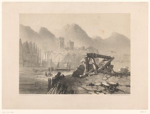 Paisagem de Cityscape com porto e montanhas de Eugene Ciceri