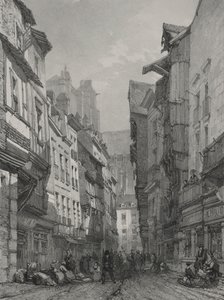 Viagens pitorescas e românticas na França antiga. Bretanha: Rua antiga principal em Nantes de Eugene Ciceri