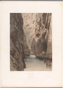 Caminhantes em uma ponte através do Trientschlucht Gorge de Trient (título no objeto) Faces na Suíça, Savoy e Tirol (título da série) La Suisse, la Savoie et le Tyrol (título da série no objeto)