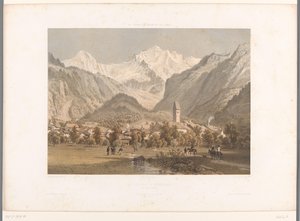 Vista de Unterseen e Jungfrau La Jungfrau à Unterseen (título no objeto) Faces na Suíça, Savoy e Tirol (título da série) La Suisse, la Savoie et le Tyrol (título da série no objeto) de Eugene Ciceri