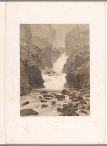 Vista da cachoeira Barberine perto de Vallorcine Cascade de Barberine (título no objeto) Faces na Suíça, Savoy e Tirol (título da série) La Suisse, la Savoie et le Tyrol (título da série no objeto) de Eugene Ciceri