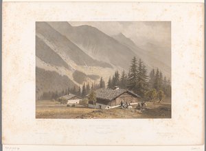 Vista da casa de Jacques Balmat perto de Chamonix
Maison de Jacques Balmat (título sobre o objecto)
Vistas da Suíça, Sabóia e Tirol (título da série)
La Suisse, la Savoie et le Tyrol (título da série sobre o objecto)