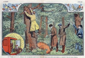 Uma empresa T.S.F. instala microfones nas florestas e campos para gravar e transmitir o canto dos pássaros. Ilustração de Damblans em "Le Pelerin" de 21 de Maio de 1933. de Eugene Damblans