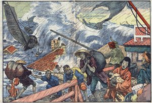 Um maree raz e um tufão atingiram o Japão. Ilustração de Damblans. Em "Le Pelerin" de 2 de outubro. de Eugene Damblans