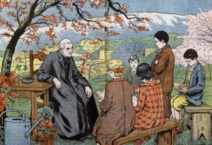 Um sacerdote e futuros jovens que vão tomar a sua comunhão, num jardim, desenhada por Damblans a partir do papel "Le Pelerin" 17 de maio de Eugene Damblans