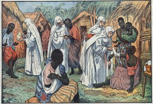 Sobre a inauguração, no Palácio Lateranense, em Roma, dos Museus das Irmãs Brancas, em uma aldeia da África Equatorial, onde catequizam e cuidam dos doentes. Ilustração de Damblans. Em "Le Pelerin" de 29 de janeiro de Eugene Damblans