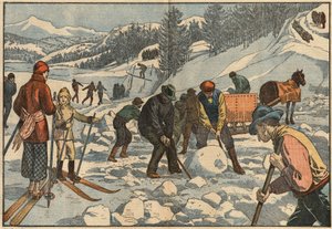 Os habitantes alpinos recolhem blocos de gelo no inverno para o verão. No fundo, os homens praticam esportes de inverno. Ilustração de Damblans. Em "Le Pelerin" de 18 de dezembro. de Eugene Damblans