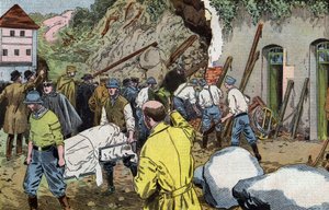 Corpo do general americano Dunlop morto porque resgatou a Sra. Briant sob o colapso dos prédios do castelo de Fariniere (França) desenhados por Damblans a partir do jornal francês "Le Pelerin" de 7 de junho de Eugene Damblans