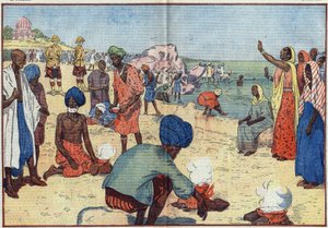 Semana da Desobediência Civil na Índia contra o Império Britânico: Em Bombaim, Gandhi (1869-1948) e os seus apoiantes ferveram água do mar para obter sal em violação da Lei Gabelle. As mulheres encorajam-nas repetindo este refrão: "Quebrar, quebrar a lei d de Eugene Damblans