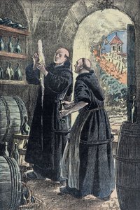 Dom Pierre Perignon (1639-1715), monge beneditino, inventor do processo de fabrico do champanhe. Ilustração de Damblans.