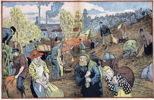 Os caçadores procuram por pedaços de carvão entre as pedras extraídas das minas para se aquecerem durante o inverno. Região de Rhur, Alemanha. Ilustração de Damblans. Em "Le Pelerin" de 4 de outubro de Eugene Damblans