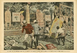 Ilustração de Eugene Damblans (1865-1945) em Le Pelerin, 03/09/05 - Os japoneses fazem uma reivindicação gigantesca para os produtos de sua indústria ao longo das linhas ferroviárias com cartazes de diversas formas - Publicidade, Japão, Trem Ferroviário, P de Eugene Damblans