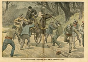 Ilustração de Eugene Damblans (1865-1945) em Le Pelerin, 31/01/04 - Grevistas agrícolas atacam o registro de uma propriedade de M. Sere de Riviere - Social, Vários fatos, Greve, Transporte, Agricultura, Floresta, Caleche Fiacre Cab - Operário, Cavalos de C de Eugene Damblans