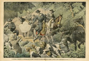 Ilustração de Eugene Damblans (1865-1945) em Le Pelerin, 02/07/05 - Roosevelt, Presidente dos Estados Unidos, distraído das preocupações do poder ao caçar ursos pardos nas montanhas rochosas - America USA, Hunting USA, Rocky Mountains - Dog, Bear, de Eugene Damblans