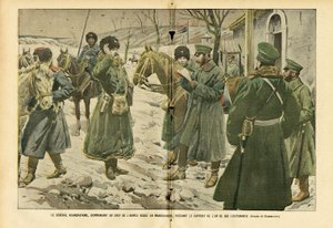 Ilustração de Eugene Damblans (1865-1945) em Le Pelerin, 05/03/05 - General Kuropatkin, comandante-chefe da Armea russa na Manchúria, recebendo o relatório de um de seus tenentes - Rússia, Armea, Manchúria, Guerra russo-japonesa, Neve - General de Eugene Damblans